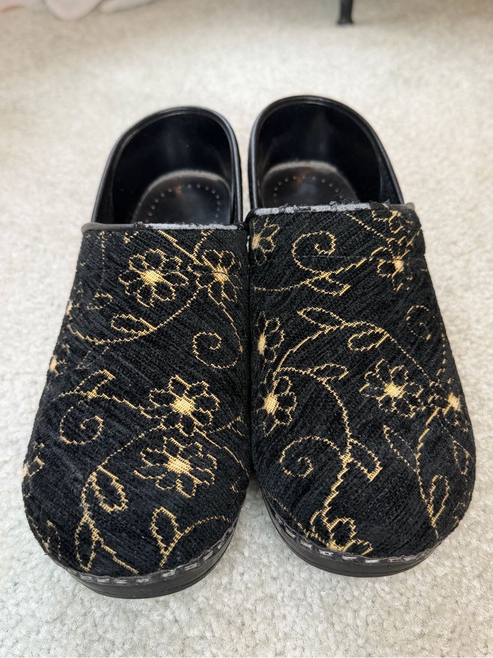 Dansko Woman’s fabric and Gold Floral Slip-On Clogs